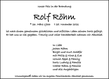 Traueranzeige von Rolf Röhm von Stuttgarter Zeitung / Stuttgarter Nachrichten