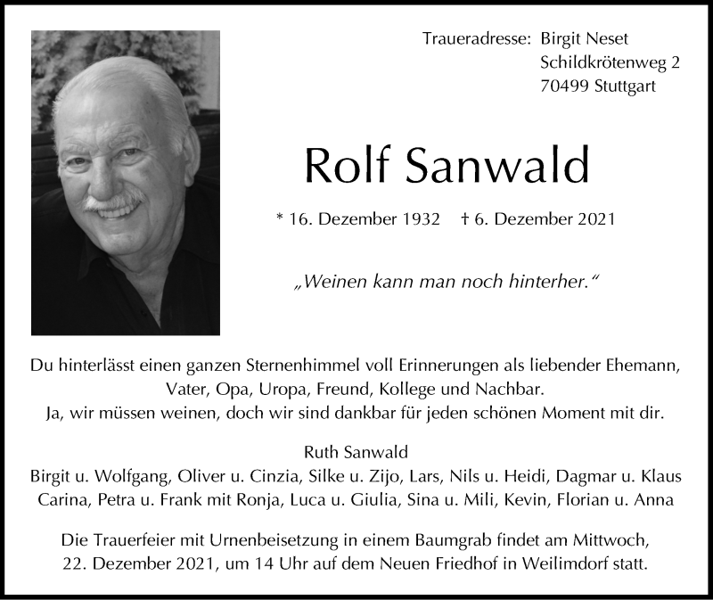 Traueranzeige für Rolf Sanwald vom 11.12.2021 aus Stuttgarter Zeitung / Stuttgarter Nachrichten
