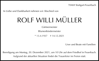 Traueranzeige von Rolf Willi Müller von Stuttgarter Zeitung / Stuttgarter Nachrichten