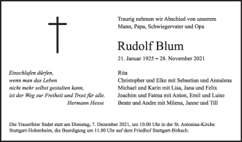 Traueranzeige von Rudolf Blum von Stuttgarter Zeitung / Stuttgarter Nachrichten