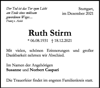 Traueranzeige von Ruth Stirm von Stuttgarter Zeitung / Stuttgarter Nachrichten