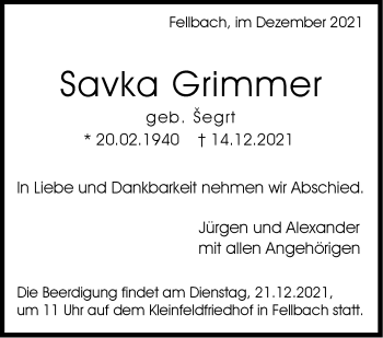 Traueranzeige von Savka Grimmer von Stuttgarter Zeitung / Stuttgarter Nachrichten