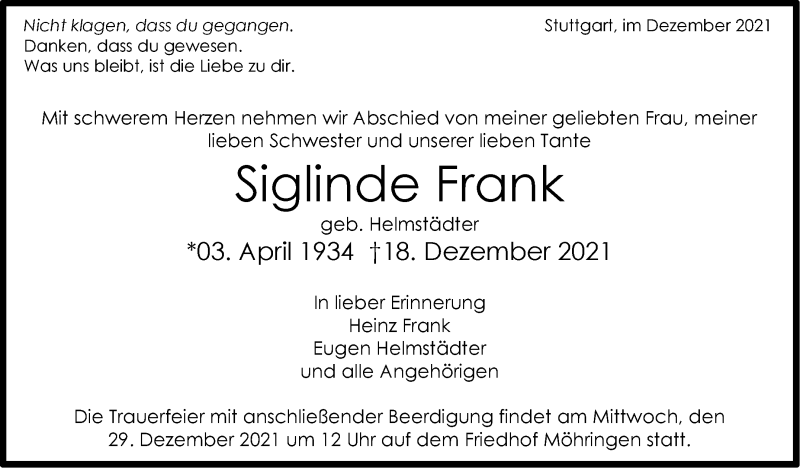  Traueranzeige für Siglinde Frank vom 24.12.2021 aus Stuttgarter Zeitung / Stuttgarter Nachrichten