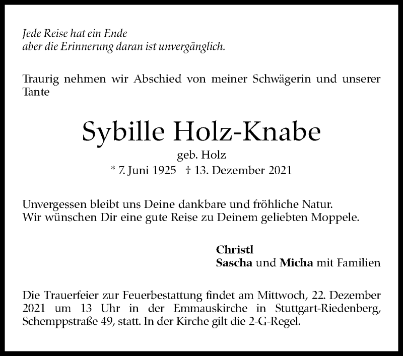  Traueranzeige für Sybille Holz-Knabe vom 18.12.2021 aus Stuttgarter Zeitung / Stuttgarter Nachrichten