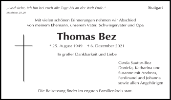 Traueranzeige von Thomas Bez von Stuttgarter Zeitung / Stuttgarter Nachrichten
