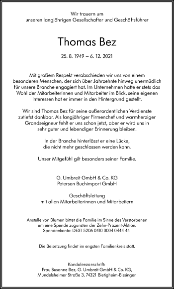 Traueranzeige von Thomas Bez von Stuttgarter Zeitung / Stuttgarter Nachrichten
