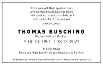 Traueranzeige von Thomas Busching von Stuttgarter Zeitung / Stuttgarter Nachrichten