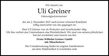 Traueranzeige von Uli Greiner von Stuttgarter Zeitung / Stuttgarter Nachrichten
