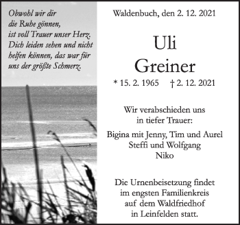 Traueranzeige von Uli Greiner von Stuttgarter Zeitung / Stuttgarter Nachrichten