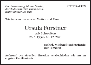 Traueranzeige von Ursula Forstner von Stuttgarter Zeitung / Stuttgarter Nachrichten