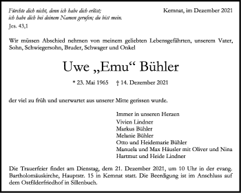 Traueranzeige von Uwe Bühler von Stuttgarter Zeitung / Stuttgarter Nachrichten