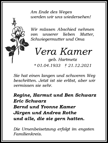 Traueranzeige von Vera Kamer von Stuttgarter Zeitung / Stuttgarter Nachrichten