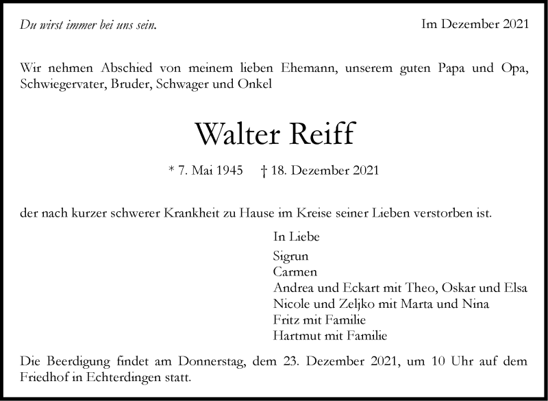  Traueranzeige für Walter Reiff vom 21.12.2021 aus Stuttgarter Zeitung / Stuttgarter Nachrichten