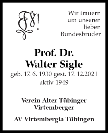 Traueranzeige von Walter Sigle von Stuttgarter Zeitung / Stuttgarter Nachrichten