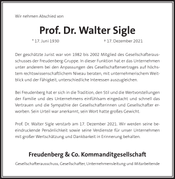 Traueranzeige von Walter Sigle von Stuttgarter Zeitung / Stuttgarter Nachrichten