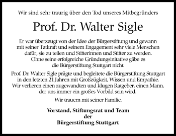 Traueranzeige von Walter Sigle von Stuttgarter Zeitung / Stuttgarter Nachrichten