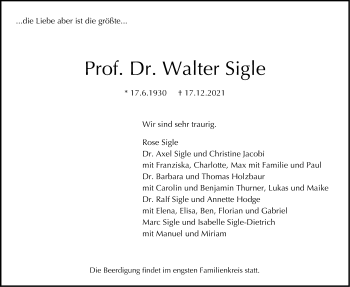 Traueranzeige von Walter Sigle von Stuttgarter Zeitung / Stuttgarter Nachrichten