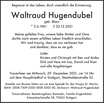 Traueranzeige von Waltraud Hugendubel von Stuttgarter Zeitung / Stuttgarter Nachrichten