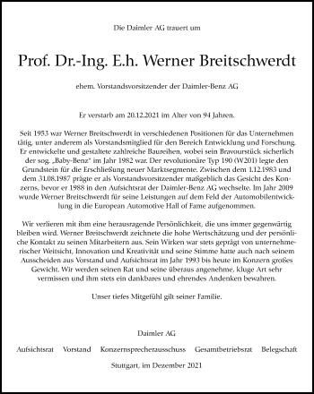 Traueranzeige von Werner Breitschwerdt von Stuttgarter Zeitung / Stuttgarter Nachrichten