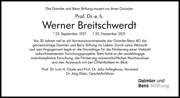 Traueranzeige von Werner Breitschwerdt von Stuttgarter Zeitung / Stuttgarter Nachrichten