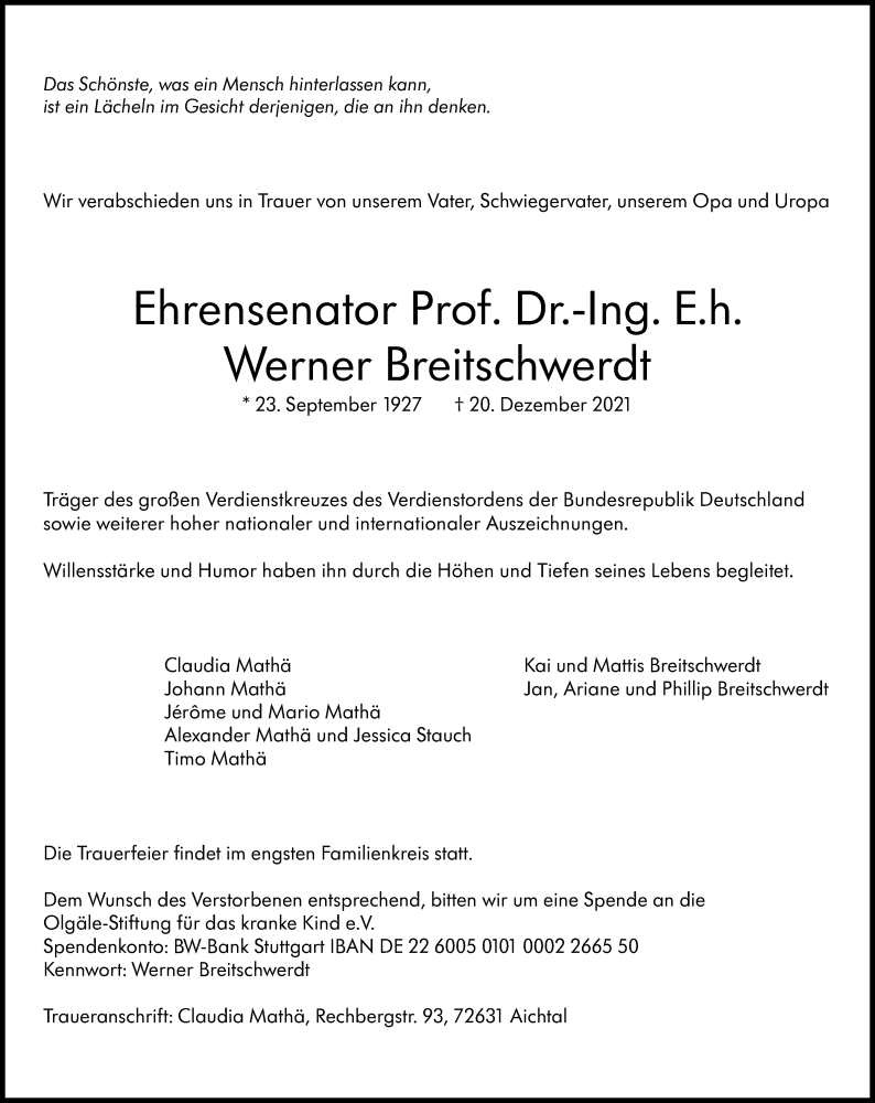  Traueranzeige für Werner Breitschwerdt vom 24.12.2021 aus Stuttgarter Zeitung / Stuttgarter Nachrichten