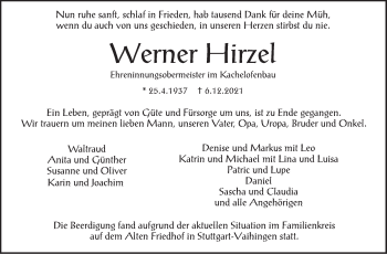Traueranzeige von Werner Hirzel von Stuttgarter Zeitung / Stuttgarter Nachrichten