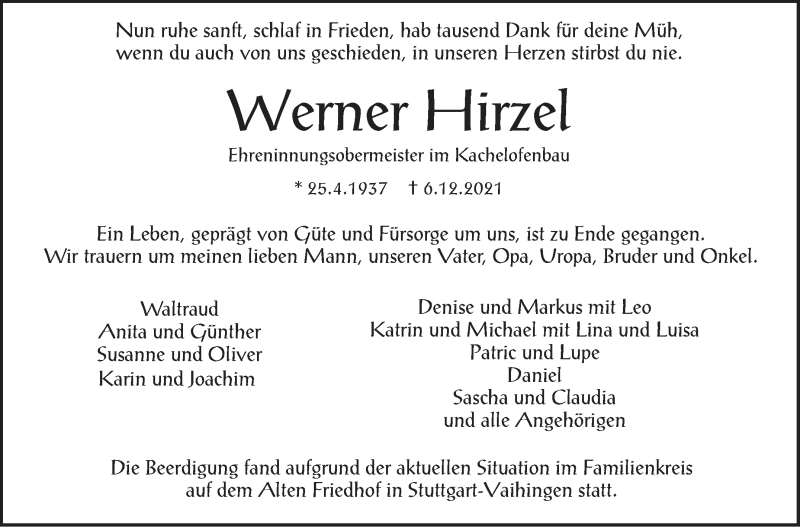  Traueranzeige für Werner Hirzel vom 18.12.2021 aus Stuttgarter Zeitung / Stuttgarter Nachrichten