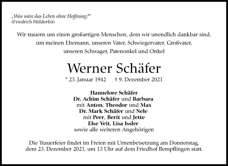  Traueranzeige für Werner Schäfer vom 18.12.2021 aus Stuttgarter Zeitung / Stuttgarter Nachrichten