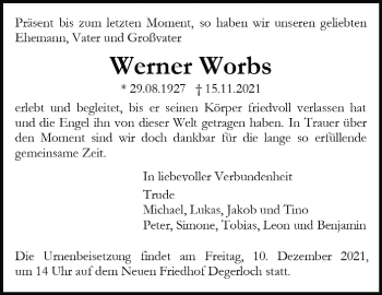 Traueranzeige von Werner Worbs von Stuttgarter Zeitung / Stuttgarter Nachrichten