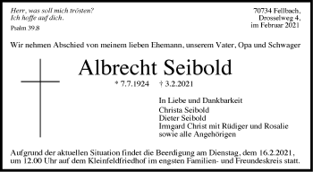 Traueranzeige von Albrecht Seibold von Stuttgarter Zeitung / Stuttgarter Nachrichten