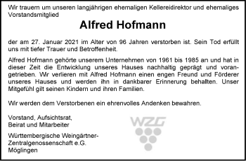 Traueranzeige von Alfred Hofmann von Stuttgarter Zeitung / Stuttgarter Nachrichten