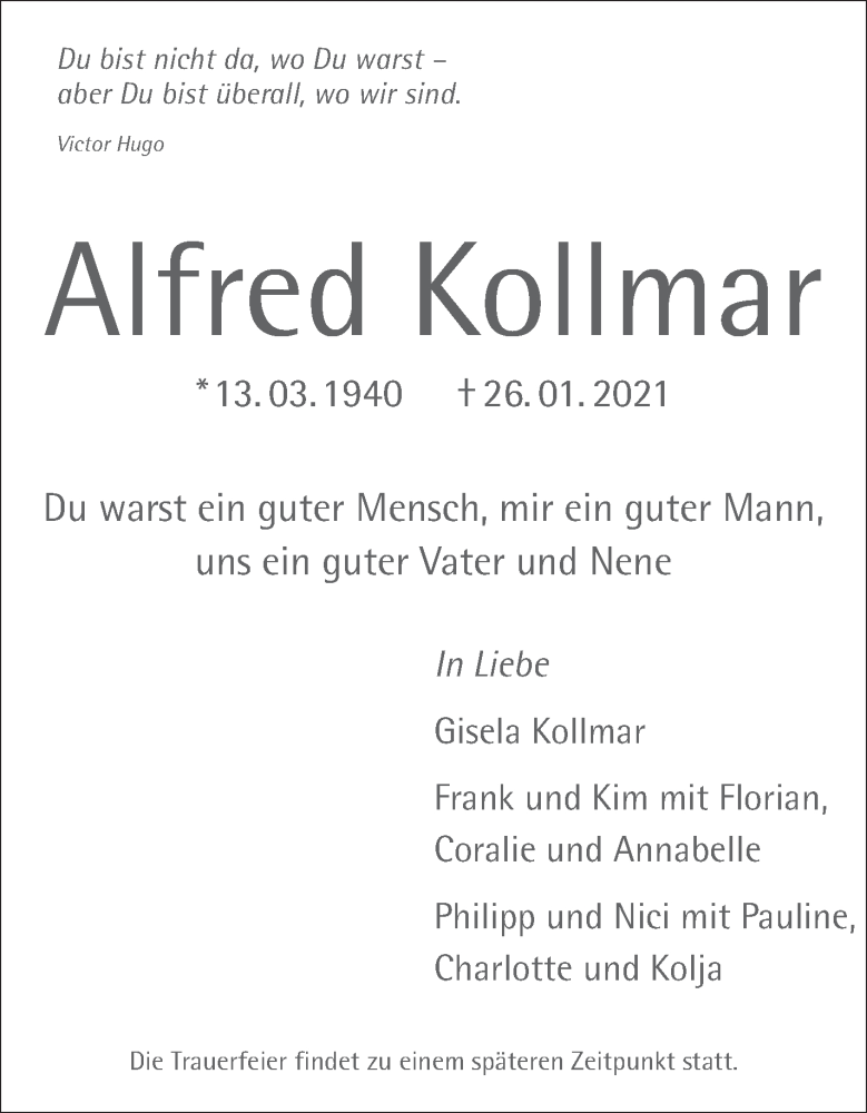  Traueranzeige für Alfred Kollmar vom 06.02.2021 aus Stuttgarter Zeitung / Stuttgarter Nachrichten