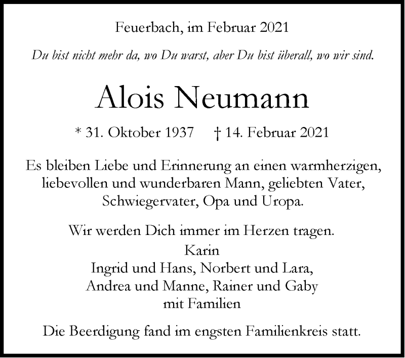  Traueranzeige für Alois Neumann vom 23.02.2021 aus Stuttgarter Zeitung / Stuttgarter Nachrichten