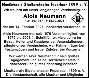 Traueranzeige von Alois Neumann von Stuttgarter Zeitung / Stuttgarter Nachrichten