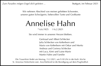 Traueranzeige von Anneliese Hahn von Stuttgarter Zeitung / Stuttgarter Nachrichten