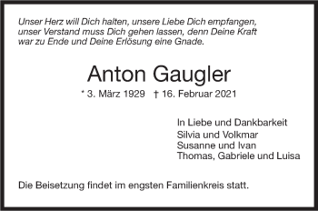 Traueranzeige von Anton Gaugler von Stuttgarter Zeitung / Stuttgarter Nachrichten