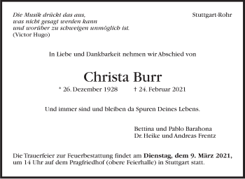 Traueranzeige von Christa Burr von Stuttgarter Zeitung / Stuttgarter Nachrichten