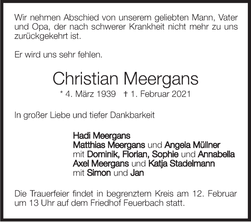  Traueranzeige für Christian Meergans vom 05.02.2021 aus Stuttgarter Zeitung / Stuttgarter Nachrichten