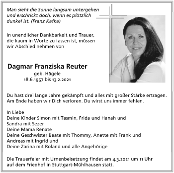 Traueranzeige von Dagmar Franziska Reuter von Stuttgarter Zeitung / Stuttgarter Nachrichten