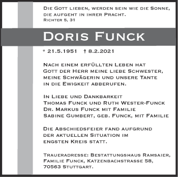 Traueranzeige von Doris Funck von Stuttgarter Zeitung / Stuttgarter Nachrichten