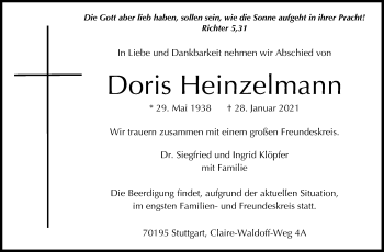 Traueranzeige von Doris Heinzelmann von Stuttgarter Zeitung / Stuttgarter Nachrichten