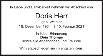 Traueranzeige von Doris Herr von Stuttgarter Zeitung / Stuttgarter Nachrichten