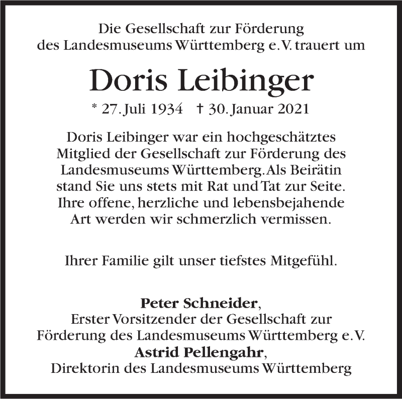  Traueranzeige für Doris Leibinger vom 03.02.2021 aus Stuttgarter Zeitung / Stuttgarter Nachrichten