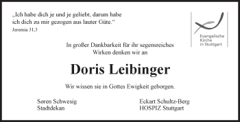 Traueranzeige von Doris Leibinger von Stuttgarter Zeitung / Stuttgarter Nachrichten