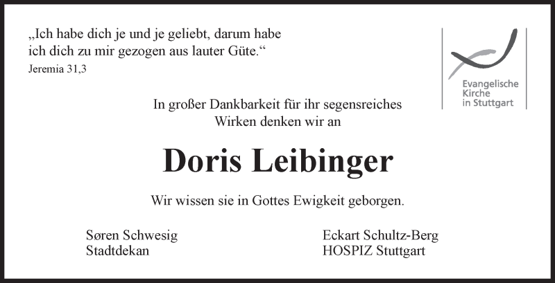  Traueranzeige für Doris Leibinger vom 04.02.2021 aus Stuttgarter Zeitung / Stuttgarter Nachrichten