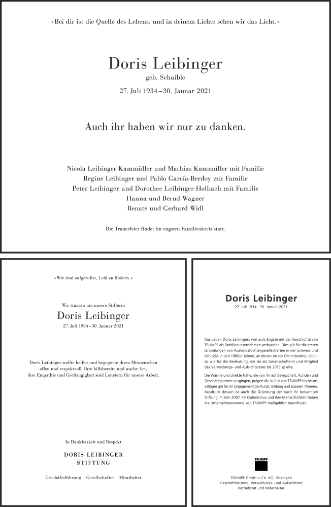  Traueranzeige für Doris Leibinger vom 03.02.2021 aus Stuttgarter Zeitung / Stuttgarter Nachrichten