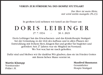 Traueranzeige von Doris Leibinger von Stuttgarter Zeitung / Stuttgarter Nachrichten
