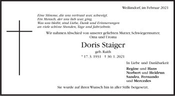 Traueranzeige von Doris Staiger von Stuttgarter Zeitung / Stuttgarter Nachrichten