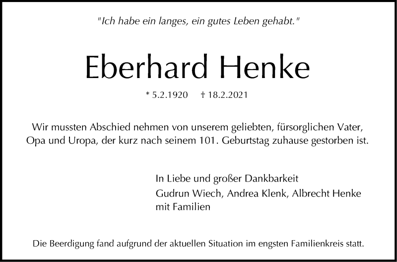  Traueranzeige für Eberhard Henke vom 27.02.2021 aus Stuttgarter Zeitung / Stuttgarter Nachrichten