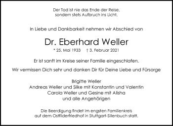 Traueranzeige von Eberhard Weller von Stuttgarter Zeitung / Stuttgarter Nachrichten